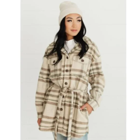 Oat Benji Belted Plaid Jacket/Cardigan Large XL - Picture 2 of 5